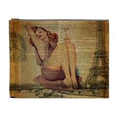 Vintage Newspaper Print Pin Up Girl Paris Eiffel Tower Cosmetic Bag (xl) by chicelegantboutique