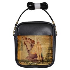 Vintage Newspaper Print Pin Up Girl Paris Eiffel Tower Girl s Sling Bag