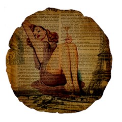 Vintage Newspaper Print Pin Up Girl Paris Eiffel Tower 18  Premium Round Cushion  by chicelegantboutique