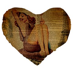 Vintage Newspaper Print Pin Up Girl Paris Eiffel Tower 19  Premium Heart Shape Cushion by chicelegantboutique