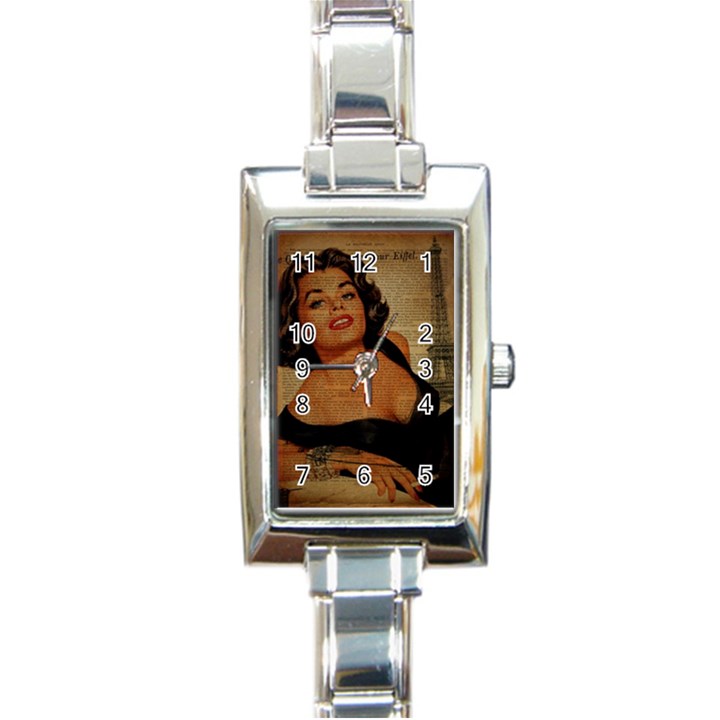 Vintage Newspaper Print Pin Up Girl Paris Eiffel Tower Rectangular Italian Charm Watch