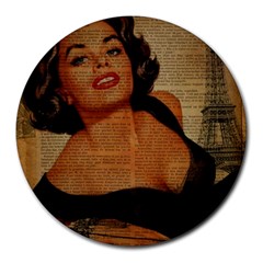 Vintage Newspaper Print Pin Up Girl Paris Eiffel Tower 8  Mouse Pad (round) by chicelegantboutique