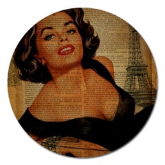 Vintage Newspaper Print Pin Up Girl Paris Eiffel Tower Magnet 5  (round) by chicelegantboutique