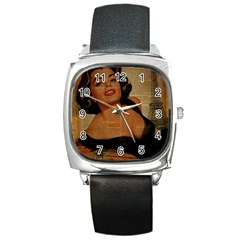 Vintage Newspaper Print Pin Up Girl Paris Eiffel Tower Square Leather Watch by chicelegantboutique