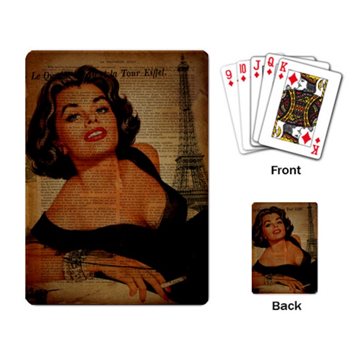 Vintage Newspaper Print Pin Up Girl Paris Eiffel Tower Playing Cards Single Design