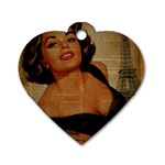 Vintage Newspaper Print Pin Up Girl Paris Eiffel Tower Dog Tag Heart (Two Sided) Front