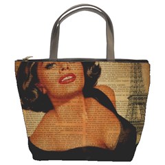 Vintage Newspaper Print Pin Up Girl Paris Eiffel Tower Bucket Bag by chicelegantboutique