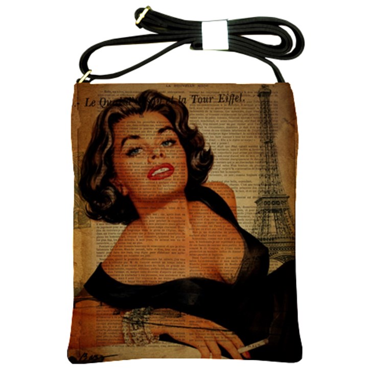 Vintage Newspaper Print Pin Up Girl Paris Eiffel Tower Shoulder Sling Bag