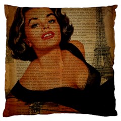 Vintage Newspaper Print Pin Up Girl Paris Eiffel Tower Large Cushion Case (two Sided)  by chicelegantboutique