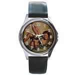 Vintage Newspaper Print Sexy Hot Pin Up Girl Paris Eiffel Tower Round Metal Watch (Silver Rim) Front