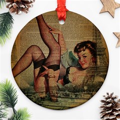 Vintage Newspaper Print Sexy Hot Pin Up Girl Paris Eiffel Tower Round Ornament by chicelegantboutique