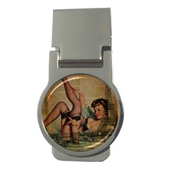 Vintage Newspaper Print Sexy Hot Pin Up Girl Paris Eiffel Tower Money Clip (round) by chicelegantboutique