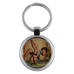 Vintage Newspaper Print Sexy Hot Pin Up Girl Paris Eiffel Tower Key Chain (round) by chicelegantboutique