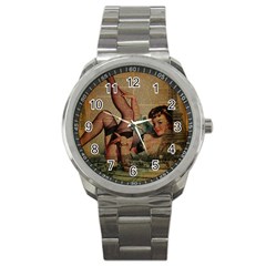 Vintage Newspaper Print Sexy Hot Pin Up Girl Paris Eiffel Tower Sport Metal Watch by chicelegantboutique