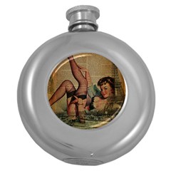 Vintage Newspaper Print Sexy Hot Pin Up Girl Paris Eiffel Tower Hip Flask (round)