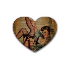 Vintage Newspaper Print Sexy Hot Pin Up Girl Paris Eiffel Tower Drink Coasters 4 Pack (heart)  by chicelegantboutique