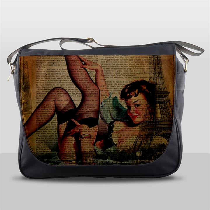 Vintage Newspaper Print Sexy Hot Pin Up Girl Paris Eiffel Tower Messenger Bag