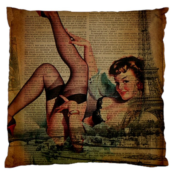 Vintage Newspaper Print Sexy Hot Pin Up Girl Paris Eiffel Tower Large Cushion Case (Two Sided) 