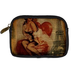 Vintage Newspaper Print Sexy Hot Gil Elvgren Pin Up Girl Paris Eiffel Tower Digital Camera Leather Case by chicelegantboutique