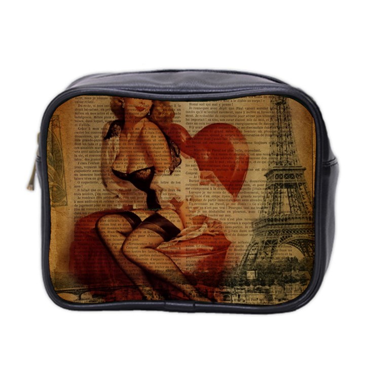 Vintage Newspaper Print Sexy Hot Gil Elvgren Pin Up Girl Paris Eiffel Tower Mini Travel Toiletry Bag (Two Sides)