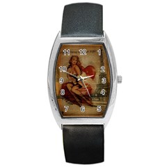 Vintage Newspaper Print Sexy Hot Gil Elvgren Pin Up Girl Paris Eiffel Tower Tonneau Leather Watch by chicelegantboutique