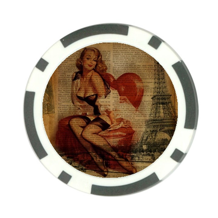 Vintage Newspaper Print Sexy Hot Gil Elvgren Pin Up Girl Paris Eiffel Tower Poker Chip