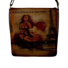 Vintage Newspaper Print Sexy Hot Gil Elvgren Pin Up Girl Paris Eiffel Tower Flap Closure Messenger Bag (large) by chicelegantboutique