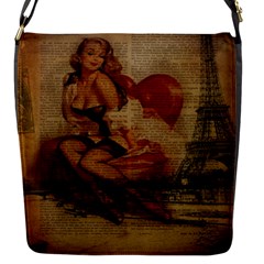 Vintage Newspaper Print Sexy Hot Gil Elvgren Pin Up Girl Paris Eiffel Tower Flap Closure Messenger Bag (small)