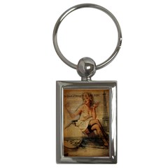 Vintage Newspaper Print Sexy Hot Gil Elvgren Pin Up Girl Paris Eiffel Tower Key Chain (rectangle)