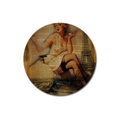 Vintage Newspaper Print Sexy Hot Gil Elvgren Pin Up Girl Paris Eiffel Tower Magnet 3  (round)