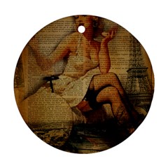 Vintage Newspaper Print Sexy Hot Gil Elvgren Pin Up Girl Paris Eiffel Tower Round Ornament (two Sides) by chicelegantboutique