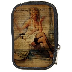 Vintage Newspaper Print Sexy Hot Gil Elvgren Pin Up Girl Paris Eiffel Tower Compact Camera Leather Case by chicelegantboutique