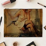 Vintage Newspaper Print Sexy Hot Gil Elvgren Pin Up Girl Paris Eiffel Tower Cosmetic Bag (XL) Front