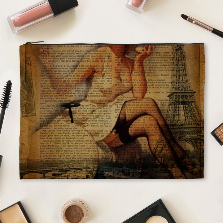 Vintage Newspaper Print Sexy Hot Gil Elvgren Pin Up Girl Paris Eiffel Tower Cosmetic Bag (XL)