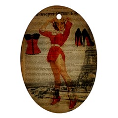 Vintage Newspaper Print Sexy Hot Gil Elvgren Pin Up Girl Paris Eiffel Tower Western Country Naughty  Oval Ornament