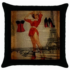 Vintage Newspaper Print Sexy Hot Gil Elvgren Pin Up Girl Paris Eiffel Tower Western Country Naughty  Black Throw Pillow Case