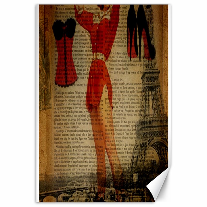 Vintage Newspaper Print Sexy Hot Gil Elvgren Pin Up Girl Paris Eiffel Tower Western Country Naughty  Canvas 12  x 18  (Unframed)