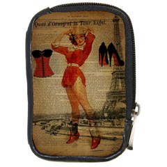 Vintage Newspaper Print Sexy Hot Gil Elvgren Pin Up Girl Paris Eiffel Tower Western Country Naughty  Compact Camera Leather Case by chicelegantboutique