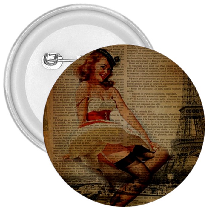 Cute Sweet Sailor Dress Vintage Newspaper Print Sexy Hot Gil Elvgren Pin Up Girl Paris Eiffel Tower 3  Button