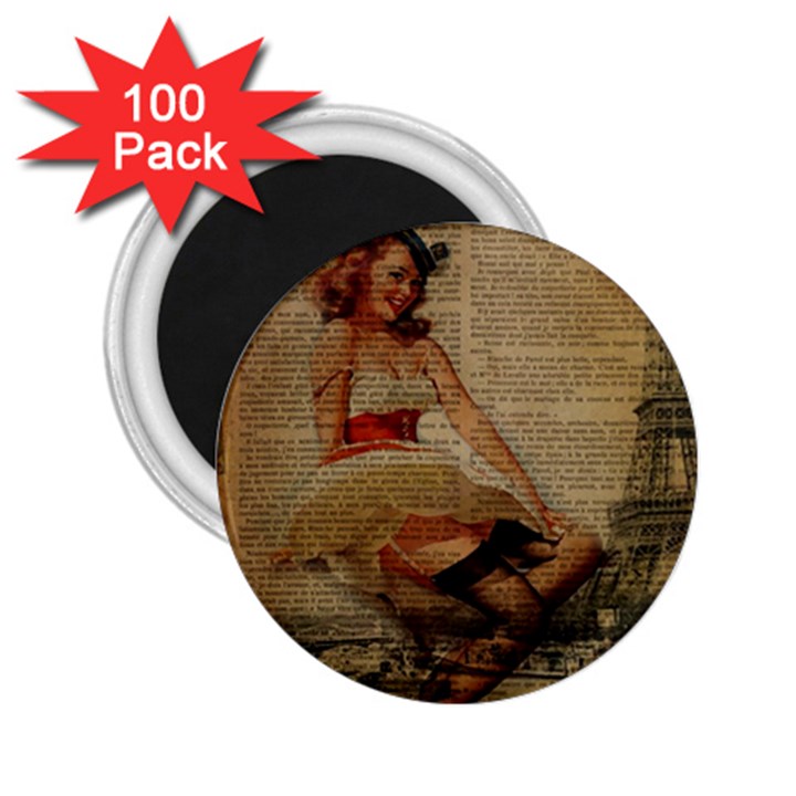 Cute Sweet Sailor Dress Vintage Newspaper Print Sexy Hot Gil Elvgren Pin Up Girl Paris Eiffel Tower 2.25  Button Magnet (100 pack)