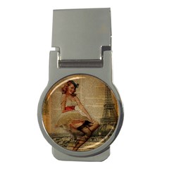 Cute Sweet Sailor Dress Vintage Newspaper Print Sexy Hot Gil Elvgren Pin Up Girl Paris Eiffel Tower Money Clip (round) by chicelegantboutique