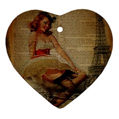 Cute Sweet Sailor Dress Vintage Newspaper Print Sexy Hot Gil Elvgren Pin Up Girl Paris Eiffel Tower Heart Ornament (two Sides)