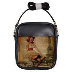 Cute Sweet Sailor Dress Vintage Newspaper Print Sexy Hot Gil Elvgren Pin Up Girl Paris Eiffel Tower Girl s Sling Bag by chicelegantboutique