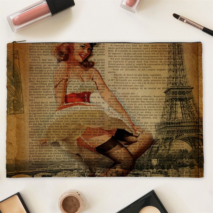 Cute Sweet Sailor Dress Vintage Newspaper Print Sexy Hot Gil Elvgren Pin Up Girl Paris Eiffel Tower Cosmetic Bag (XXL)