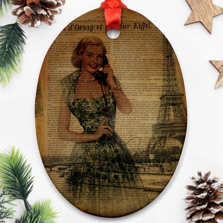 Retro Telephone Lady Vintage Newspaper Print Pin Up Girl Paris Eiffel Tower Oval Ornament