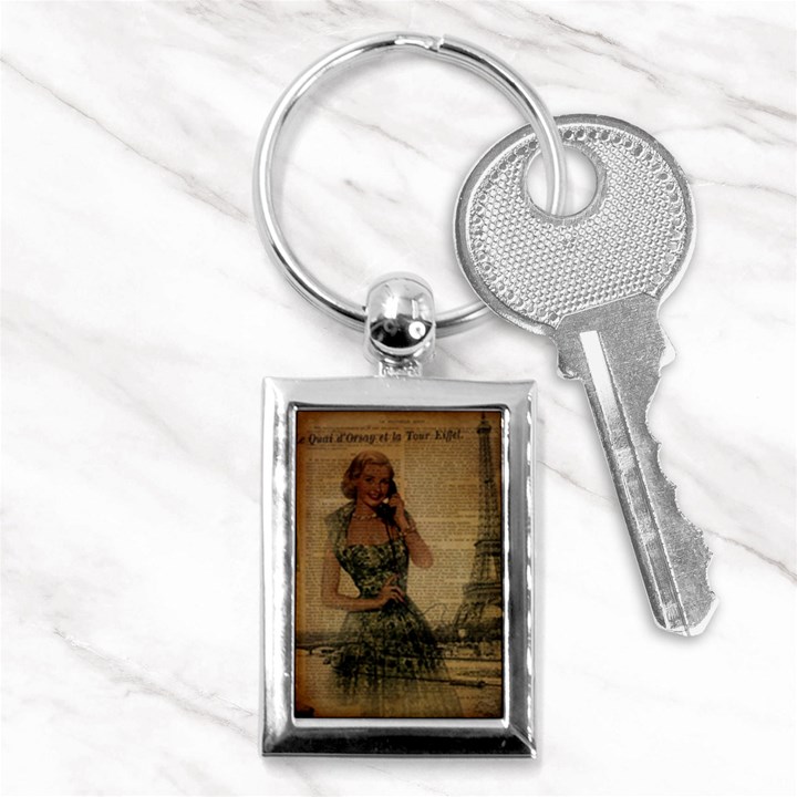 Retro Telephone Lady Vintage Newspaper Print Pin Up Girl Paris Eiffel Tower Key Chain (Rectangle)