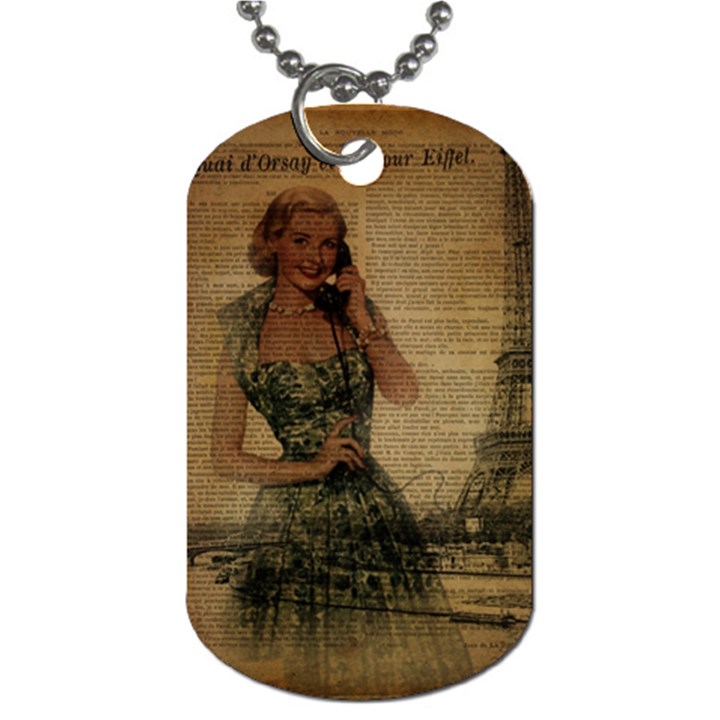 Retro Telephone Lady Vintage Newspaper Print Pin Up Girl Paris Eiffel Tower Dog Tag (Two-sided) 