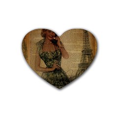 Retro Telephone Lady Vintage Newspaper Print Pin Up Girl Paris Eiffel Tower Drink Coasters 4 Pack (heart)  by chicelegantboutique