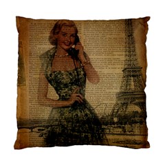 Retro Telephone Lady Vintage Newspaper Print Pin Up Girl Paris Eiffel Tower Cushion Case (single Sided)  by chicelegantboutique