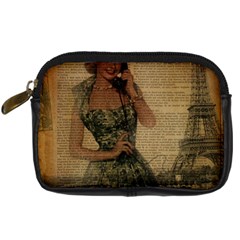 Retro Telephone Lady Vintage Newspaper Print Pin Up Girl Paris Eiffel Tower Digital Camera Leather Case